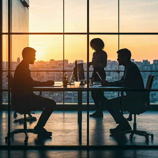 Profissionais reunidos em escritório ao pôr do sol, trabalhando e conversando diante de uma ampla janela com vista para a cidade.